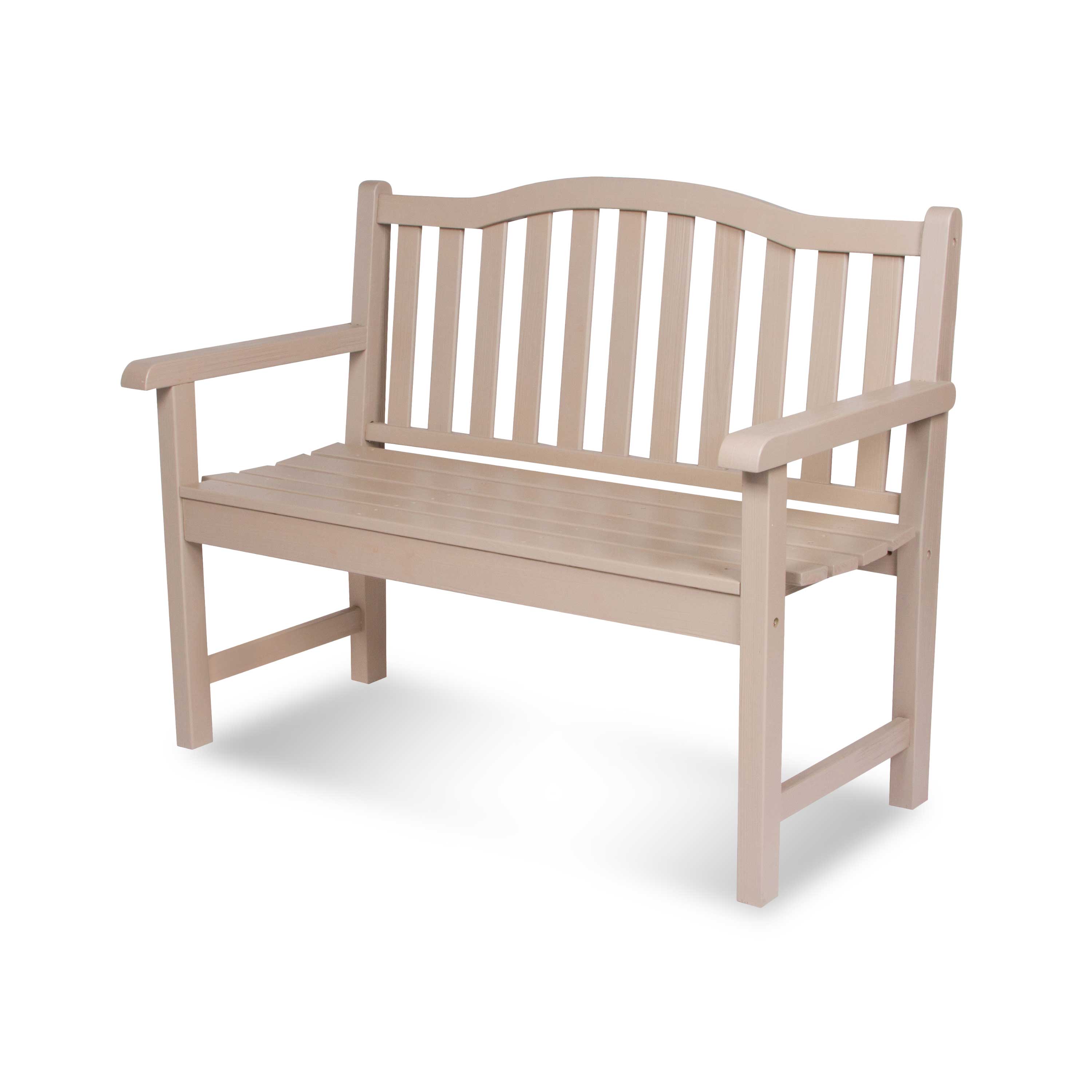 A light gray natural wood garden bench with a slatted backrest and armrests, shown at a three-quarter angle on a white background. 