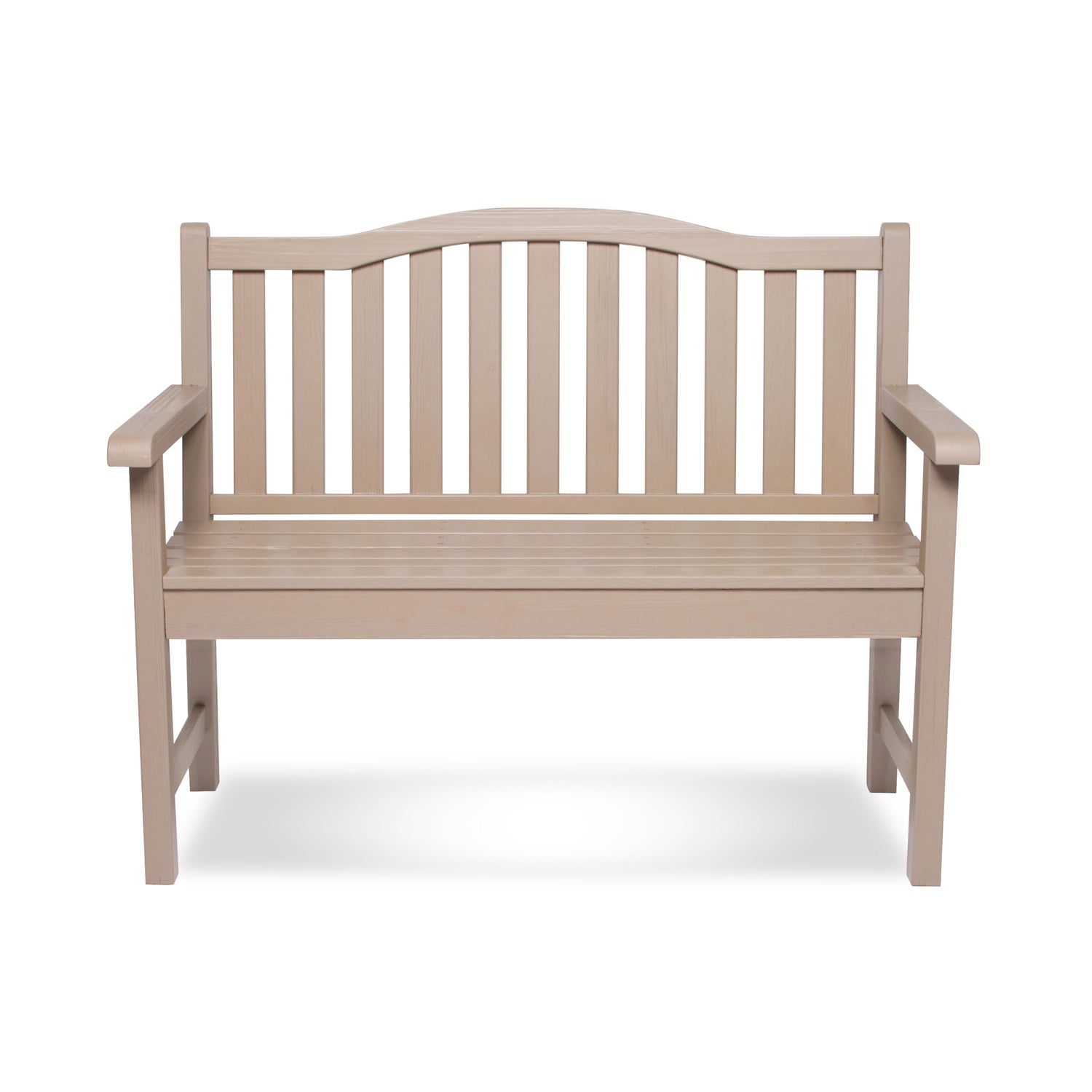 A light beige slatted garden bench with armrests and a curved backrest, shown from the front on a white background. 