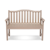 A light beige slatted garden bench with armrests and a curved backrest, shown from the front on a white background. 