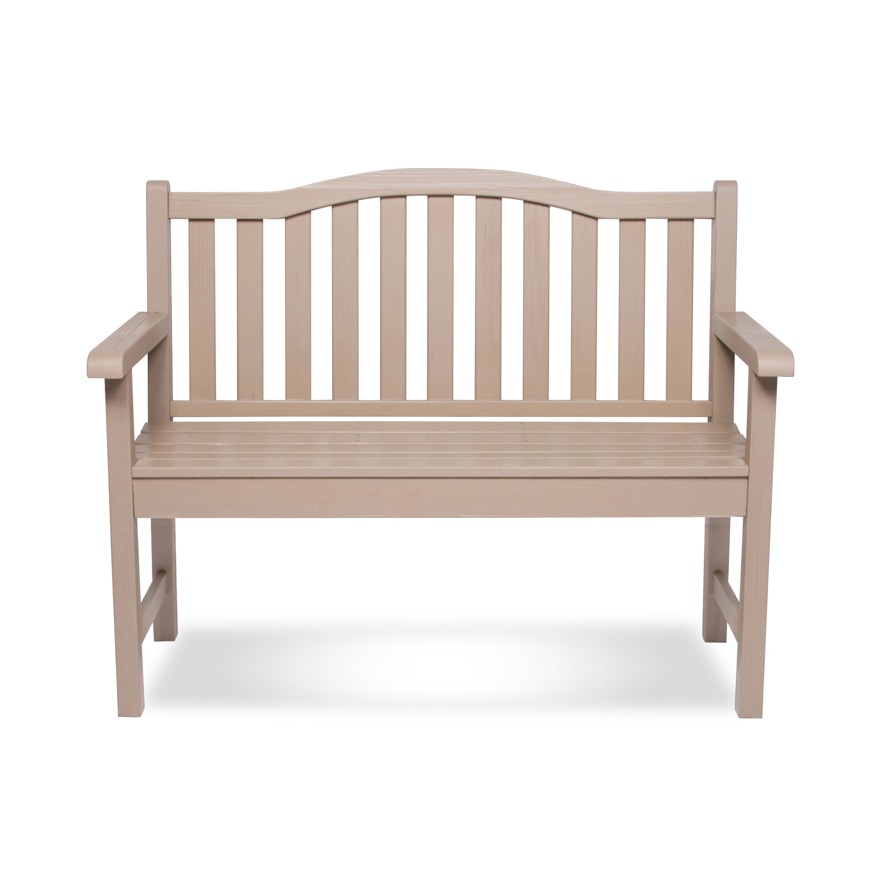 A light beige slatted garden bench with armrests and a curved backrest, shown from the front on a white background. 