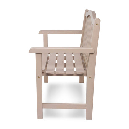 A light beige wooden garden bench with a slatted seat and backrest, shown from a three-quarters angle on a white background. 