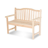A light natural wood garden bench with a slatted backrest and armrests, shown on a clean white background. 