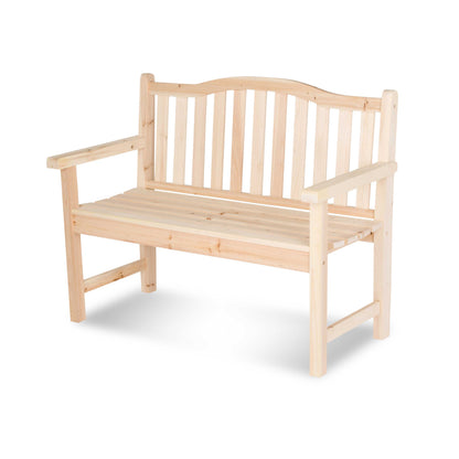 A light natural wood garden bench with a slatted backrest and armrests, shown on a clean white background. 