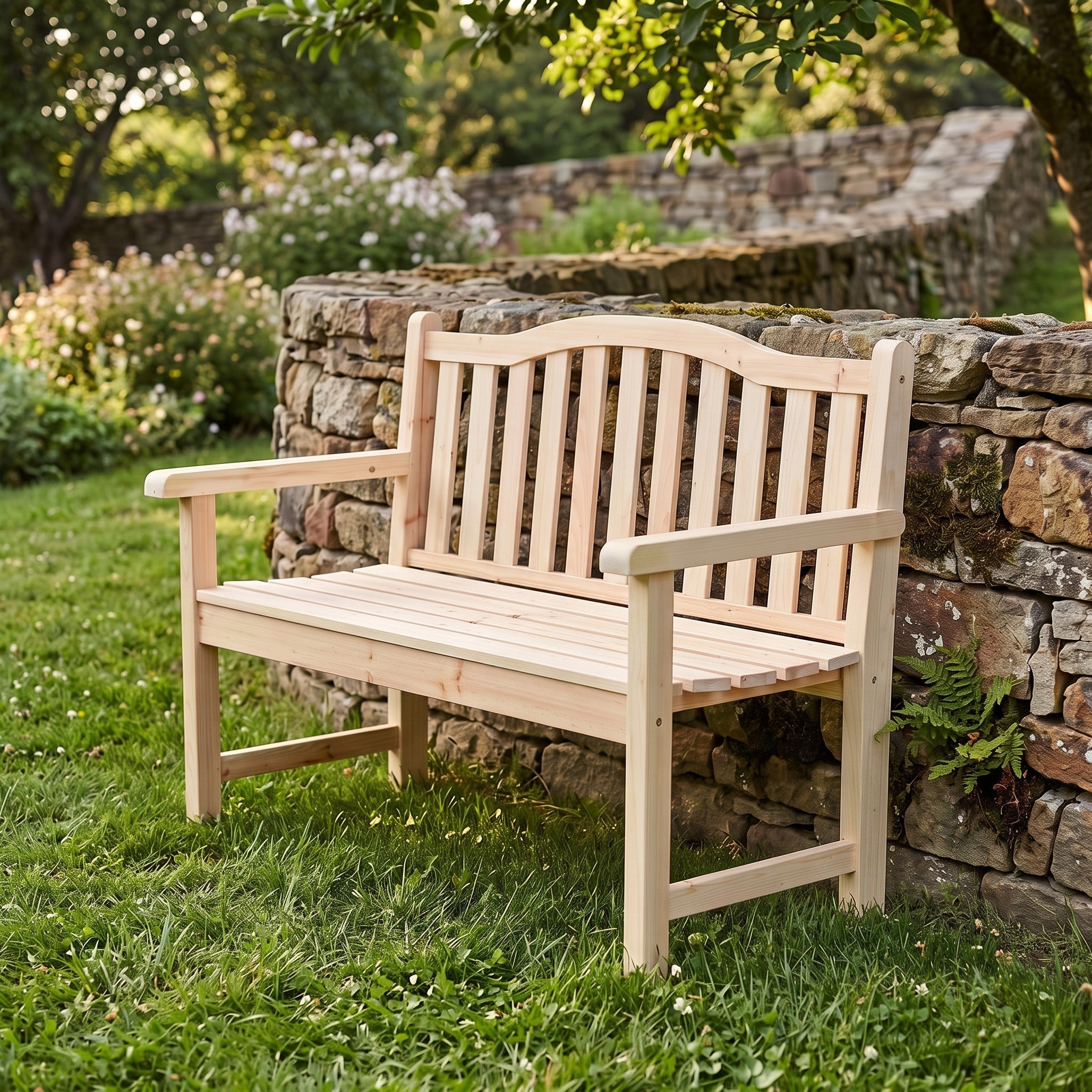 A light natural wood garden bench with slatted back and seat, shown outdoors on green grass beside a stone wall and trees. 