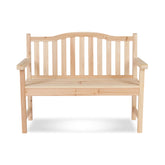 A natural pine garden bench with a slatted backrest and armrests, shown against a plain white background. 