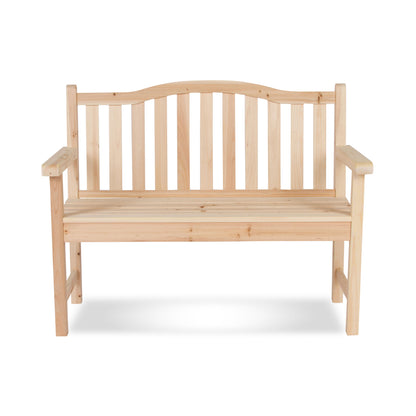 A natural pine garden bench with a slatted backrest and armrests, shown against a plain white background. 