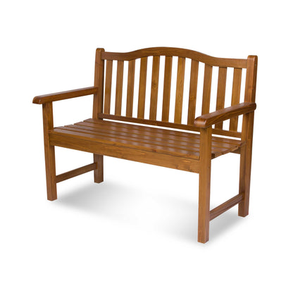A wooden garden bench with a curved backrest, armrests, and a slatted seat, shown on a plain white background. 