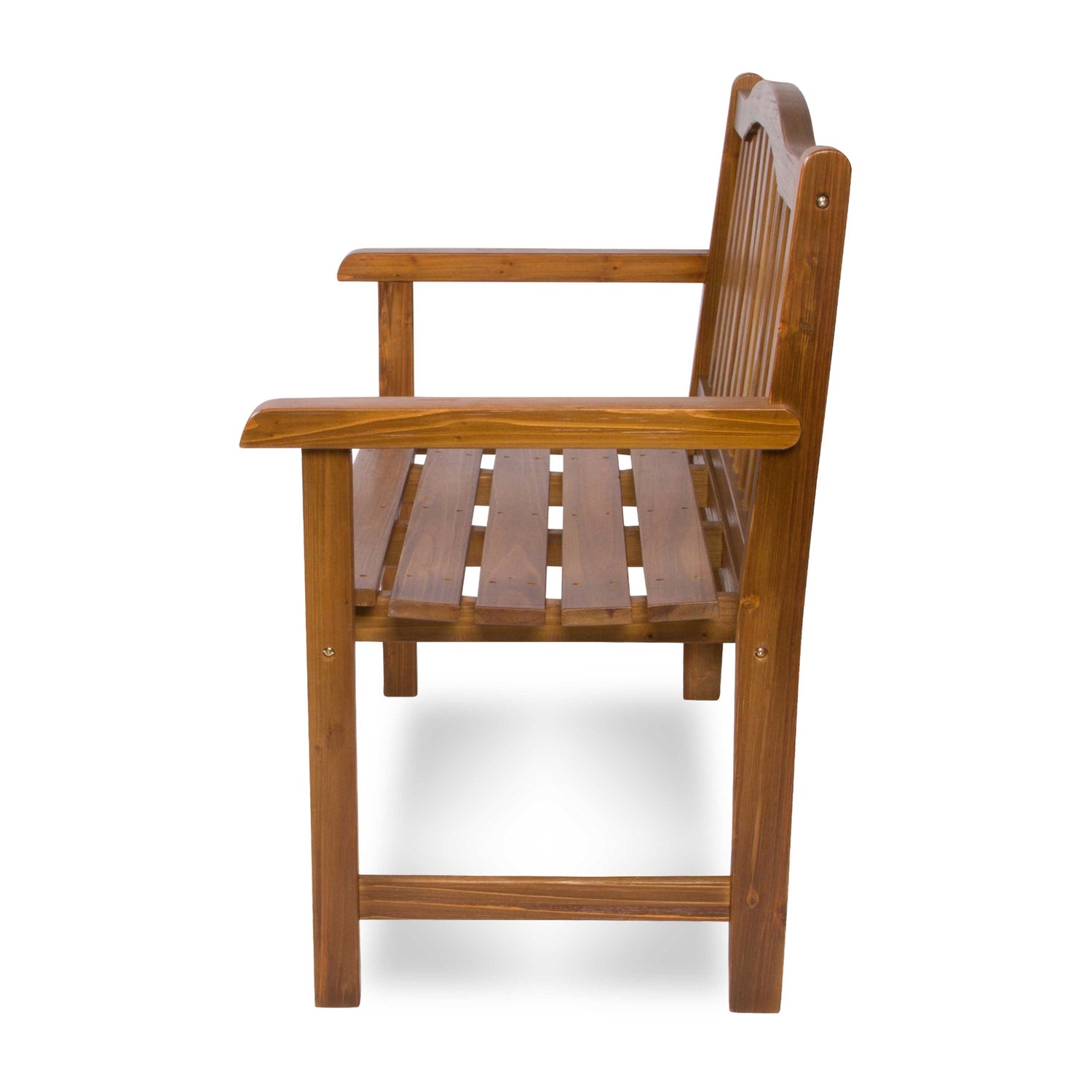A wooden outdoor bench with a warm medium-brown finish, featuring a slatted seat, armrests, and a tall slatted backrest, shown from a three-quarters angle on a white background. 