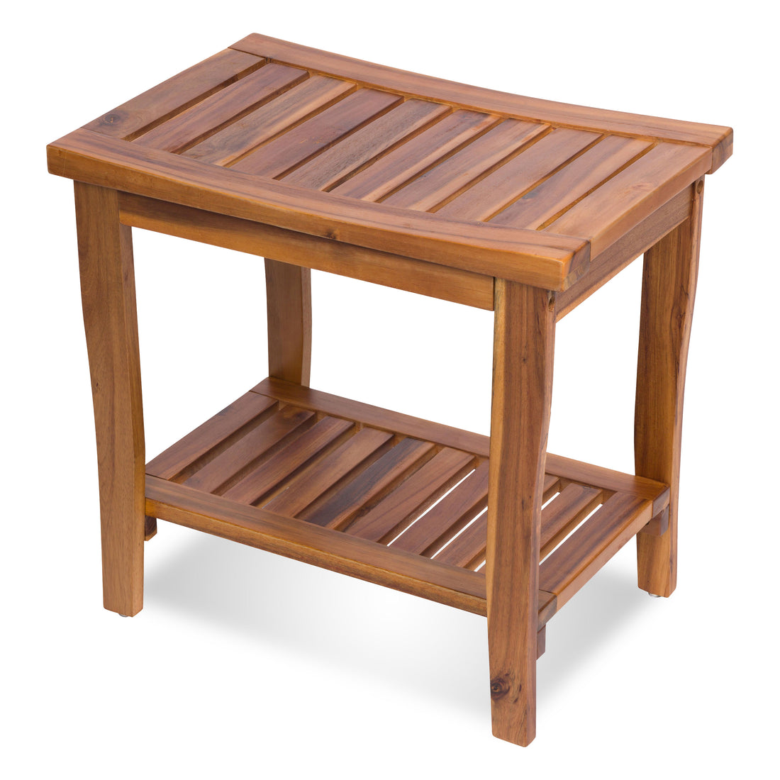 A wooden bench with a slatted top and a lower shelf, shown on a plain white background. 