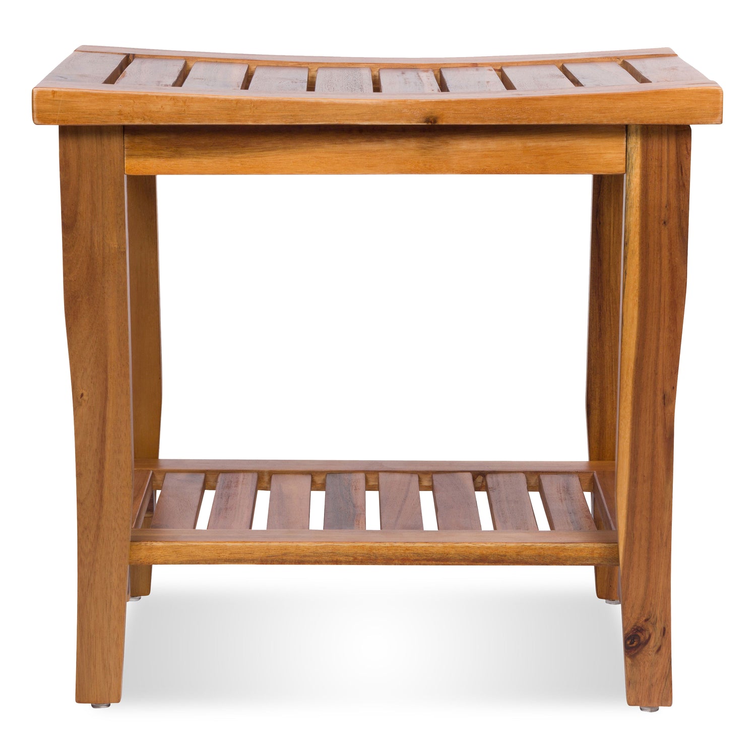 A curved wooden bench with a slatted top and lower shelf, shown against a plain white background. 