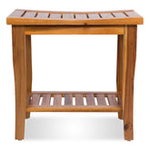 A curved wooden bench with a slatted top and lower shelf, shown against a plain white background. 