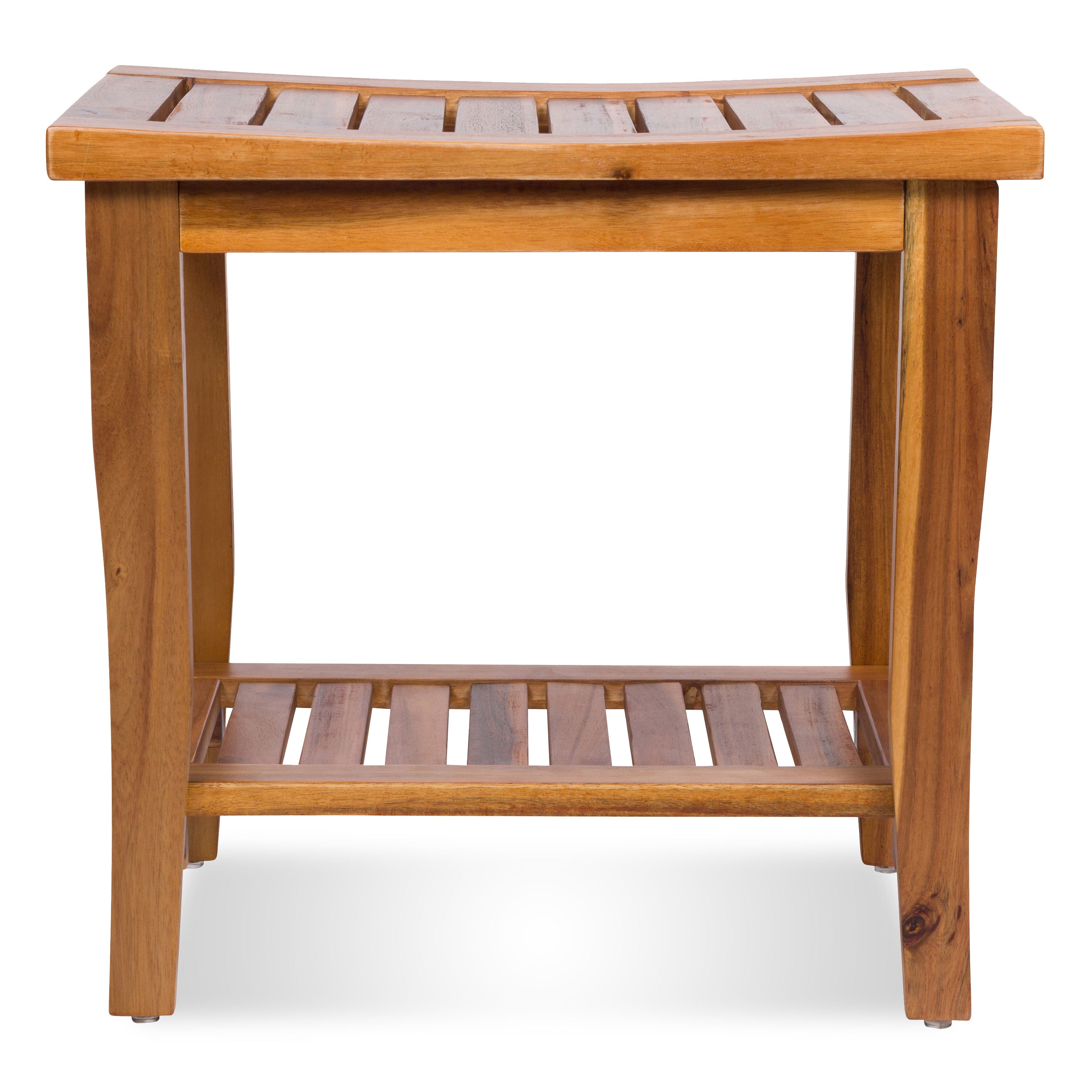 A curved wooden bench with a slatted top and lower shelf, shown against a plain white background. 