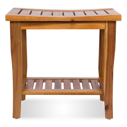 A curved wooden bench with a slatted top and lower shelf, shown against a plain white background. 