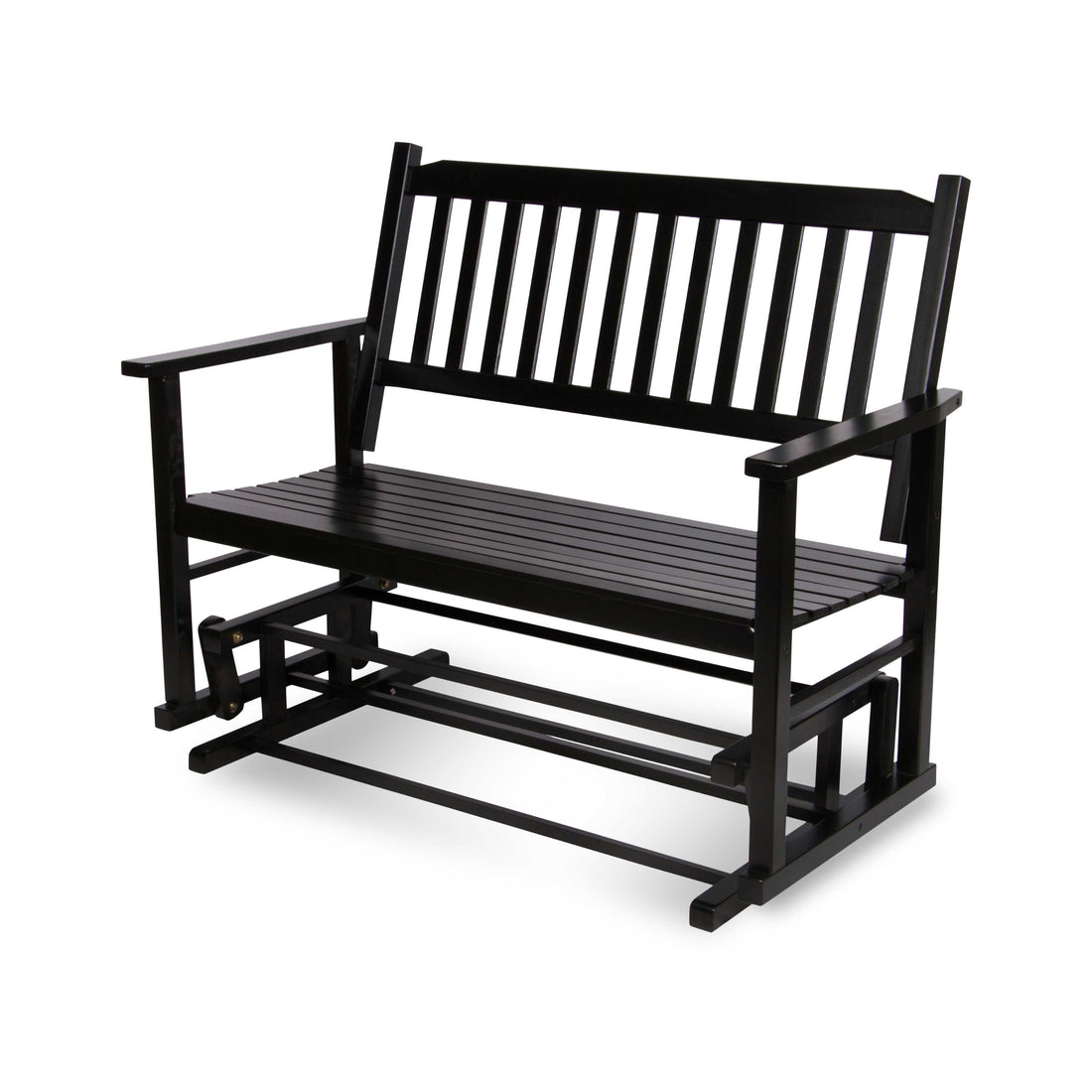 A black wooden outdoor glider bench with a slatted backrest and seat, shown on a clean white background. 