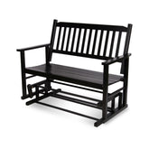 A black wooden outdoor glider bench with a slatted backrest and seat, shown on a clean white background. 