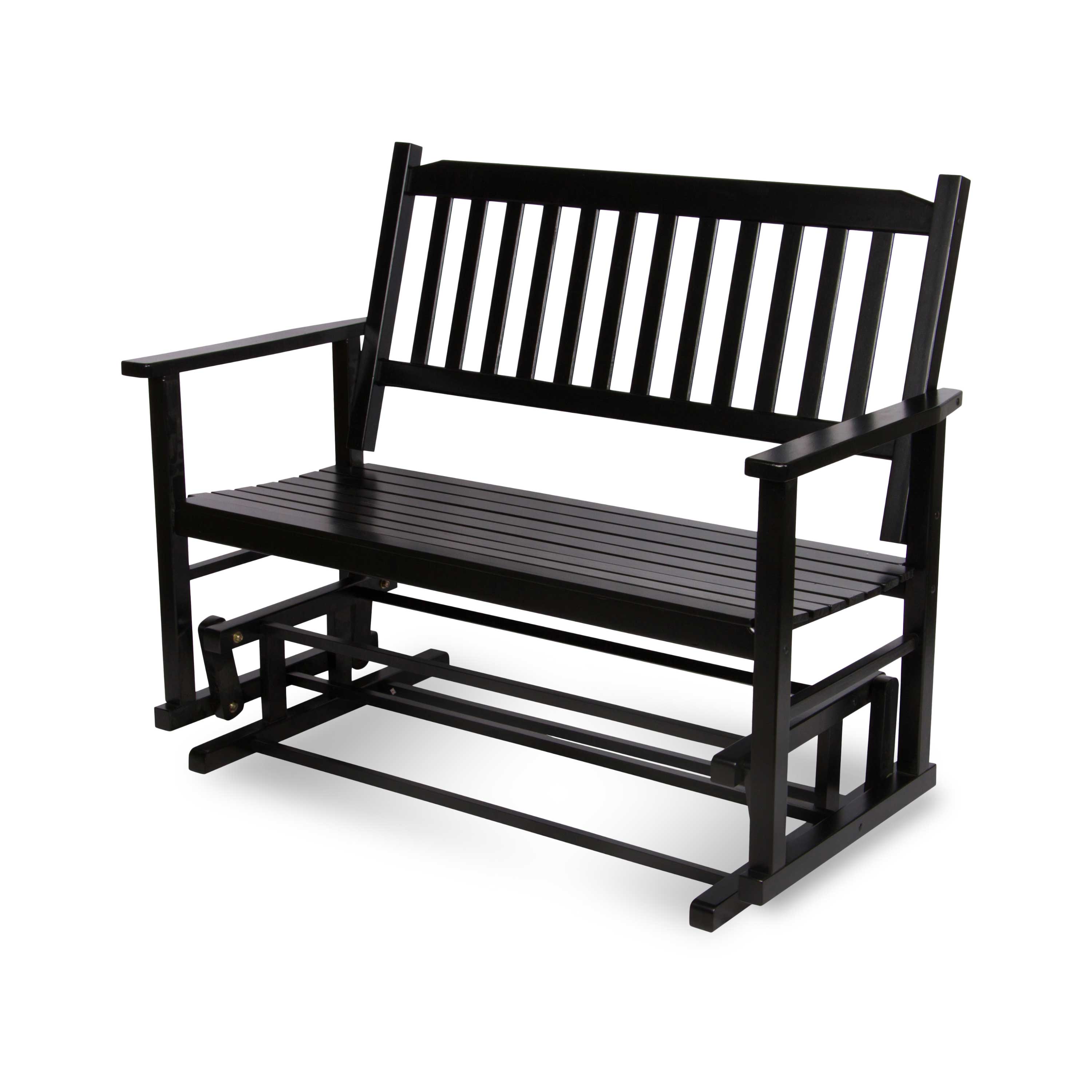 A black wooden outdoor glider bench with a slatted backrest and seat, shown on a clean white background. 