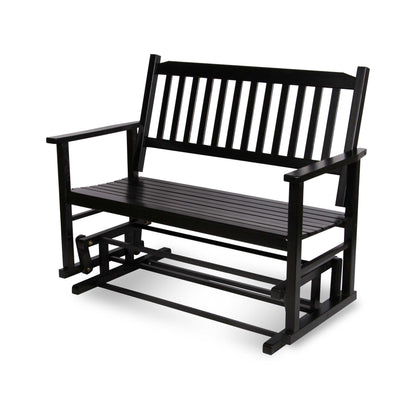 A black wooden outdoor glider bench with a slatted backrest and seat, shown on a clean white background. 
