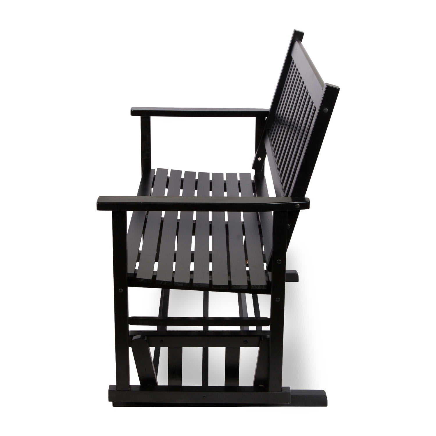 A black wooden rocking chair with a slatted seat, backrest, and armrests, shown from a side angle against a plain white background. 