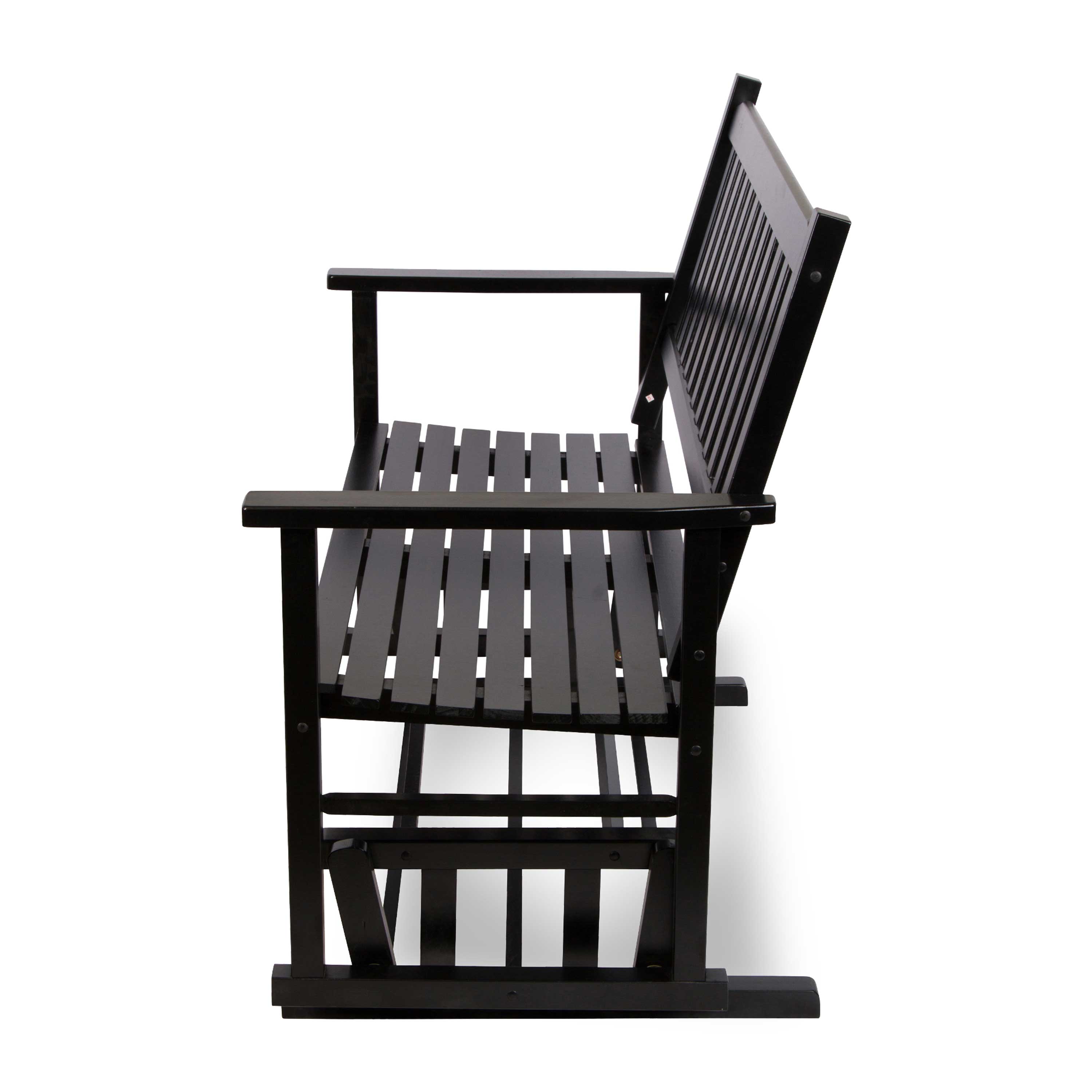 A black wooden rocking chair with a slatted seat, backrest, and armrests, shown from a side angle against a plain white background. 
