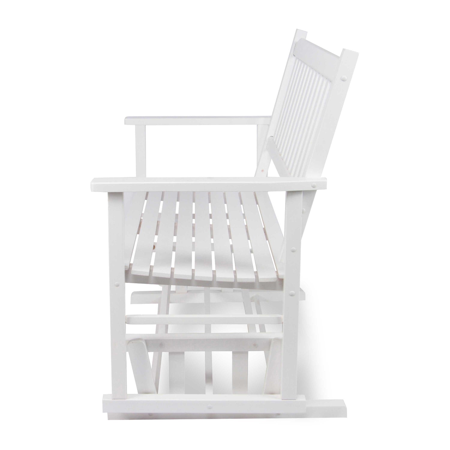 A white wooden rocking chair with a slatted backrest and seat, shown from a side angle against a plain white background. 
