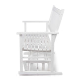 A white wooden rocking chair with a slatted backrest and seat, shown from a side angle against a plain white background. 