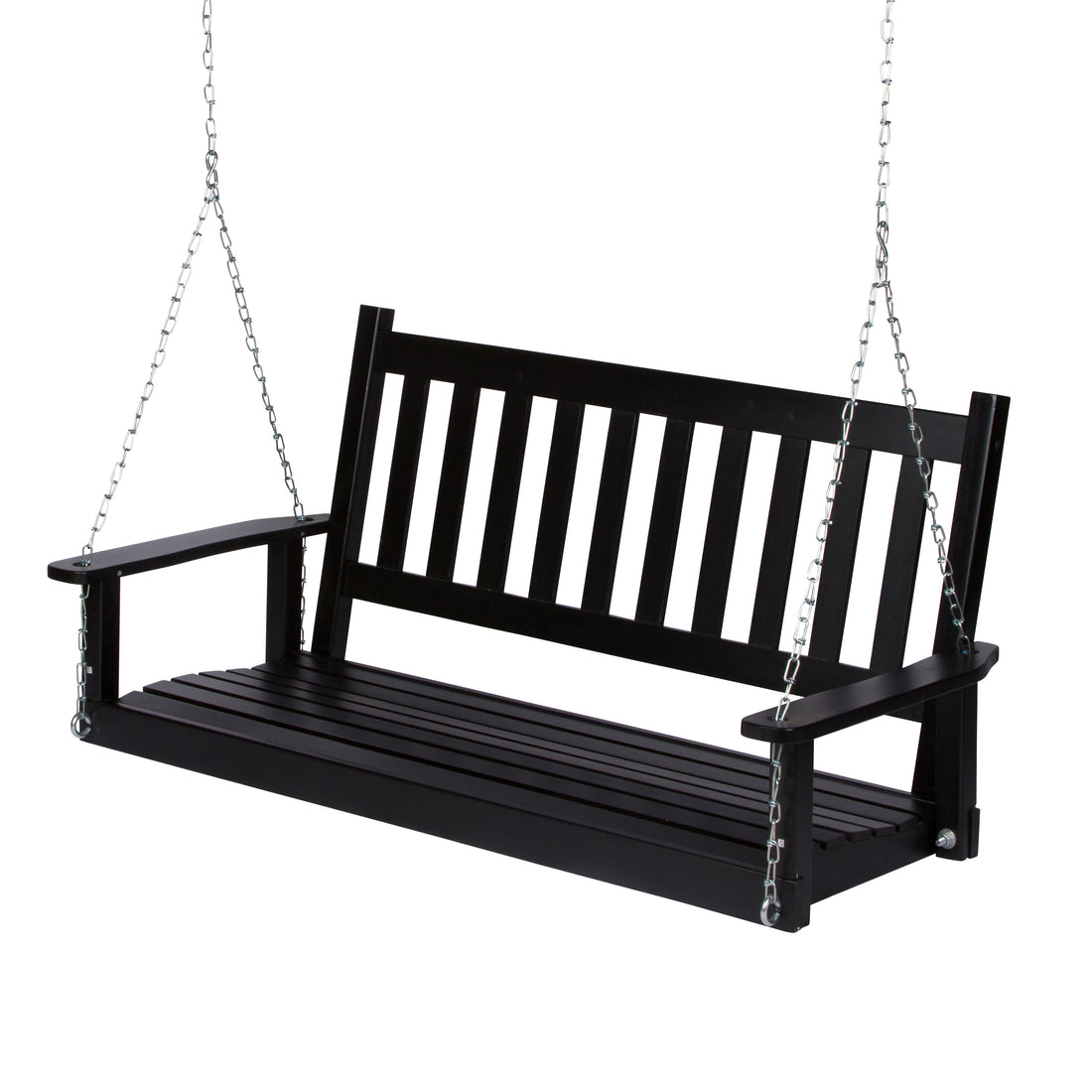 A black wooden porch swing bench suspended by silver metal chains against a plain white background. 