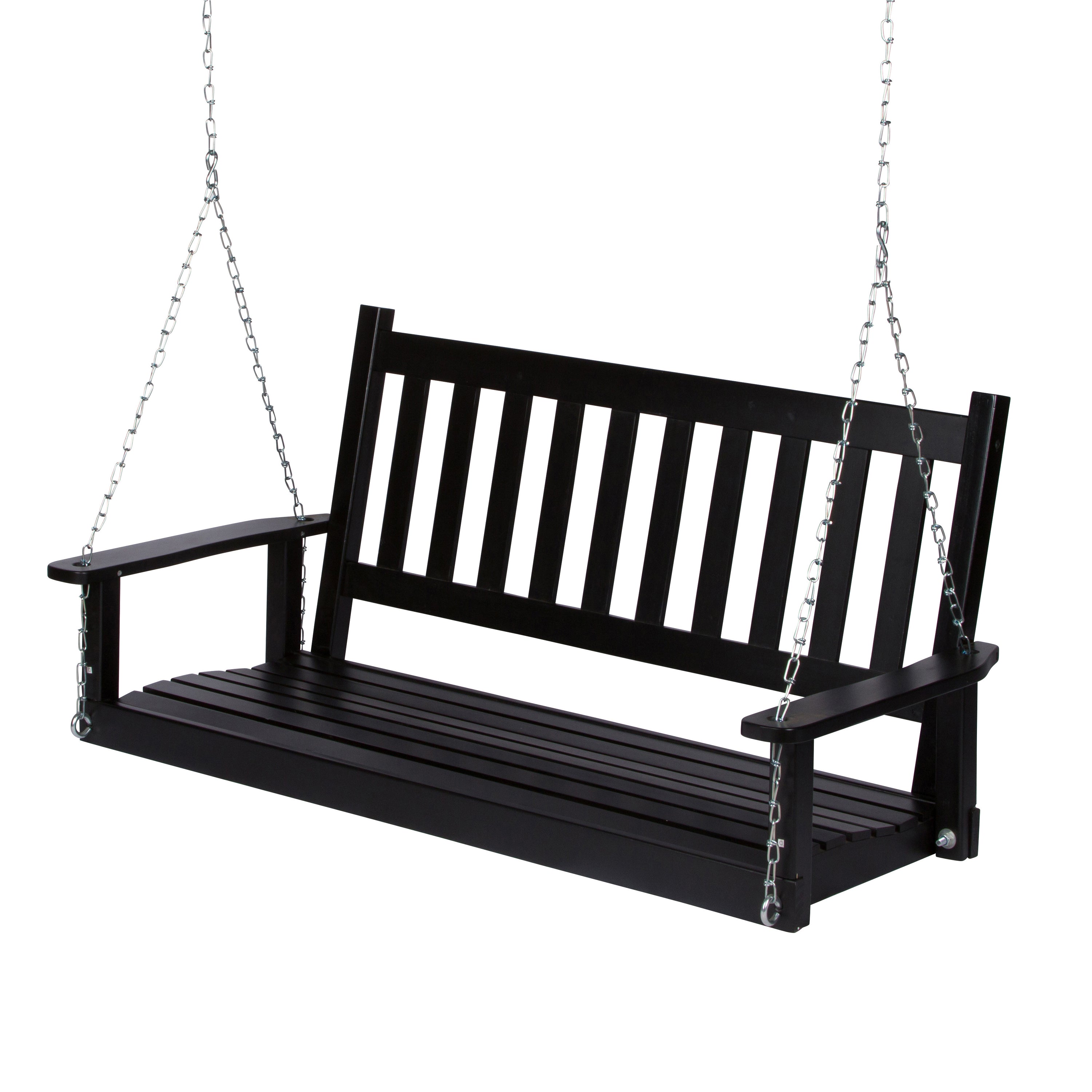 A black wooden porch swing bench suspended by silver metal chains against a plain white background. 