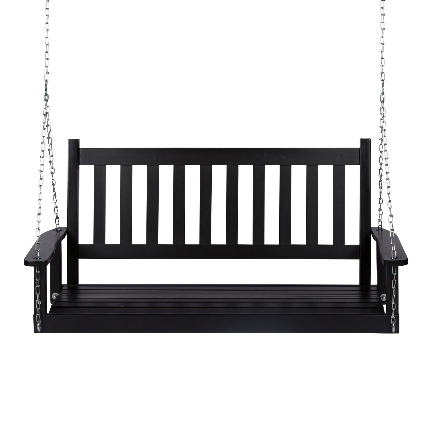 A black wooden porch swing bench suspended by silver metal chains against a plain white background. 