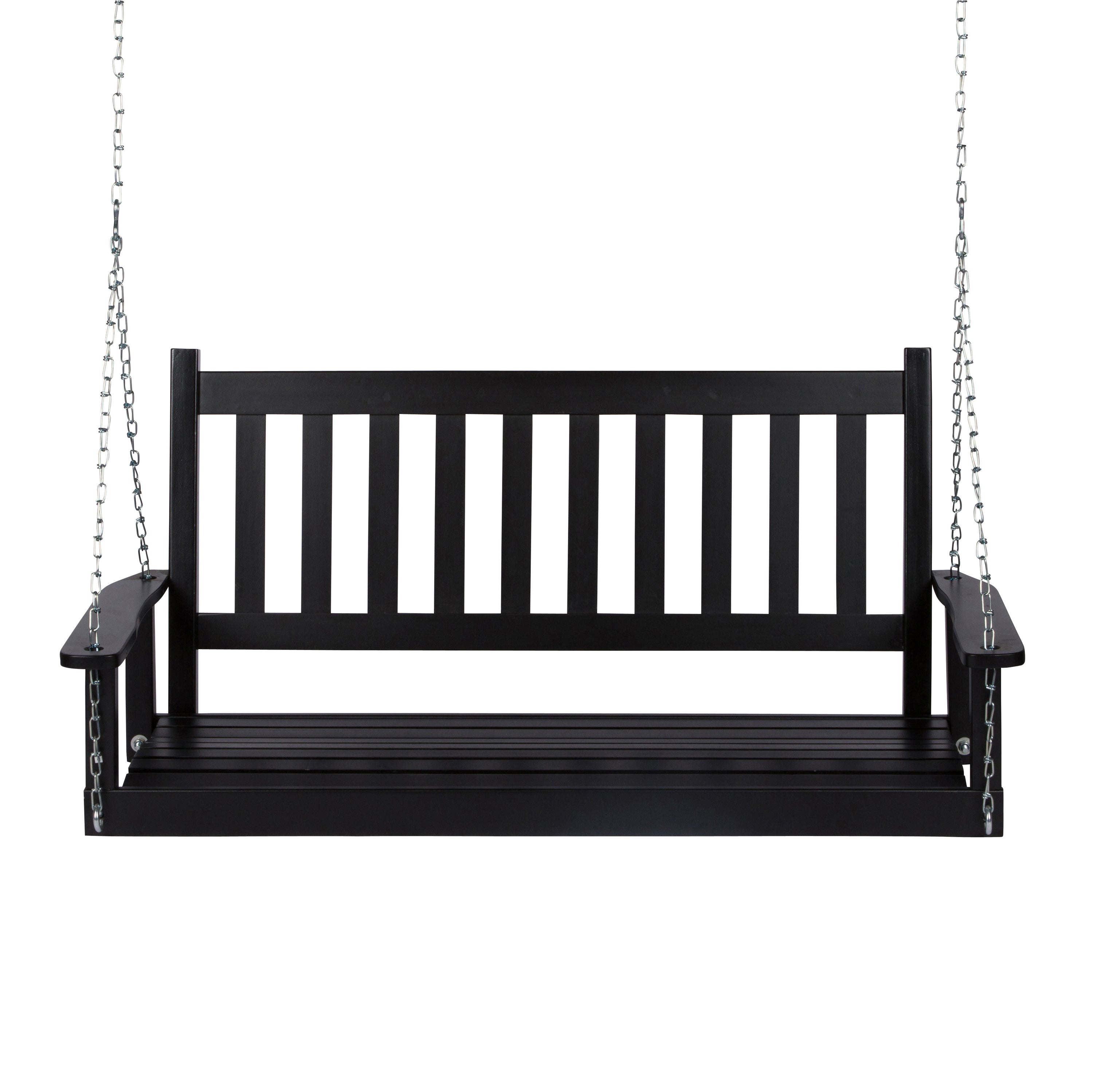 A black wooden porch swing bench suspended by silver metal chains against a plain white background. 