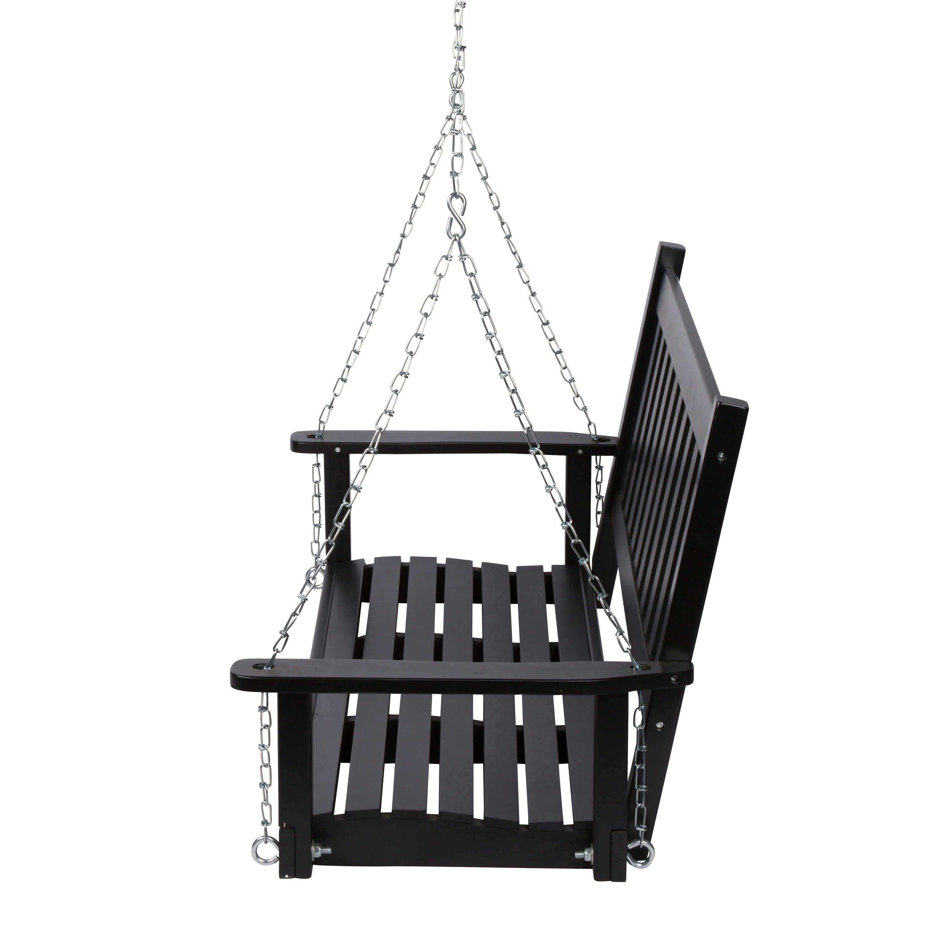 A black wooden hanging porch swing with a slatted seat, backrest, and armrests, suspended by silver metal chains against a plain white background. 