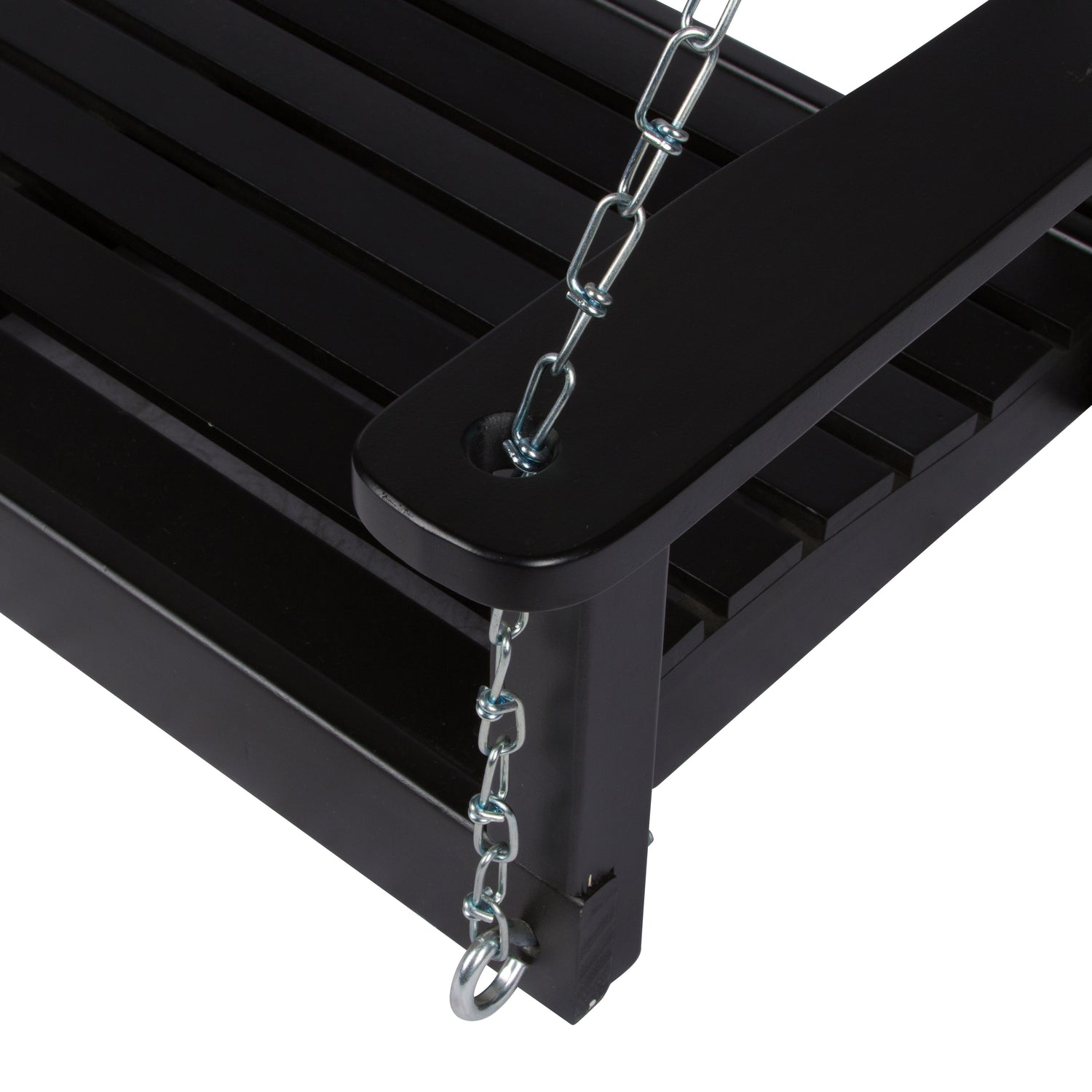 Close-up of a black metal swing or bench with slatted seating and hanging silver chains on a white background. 