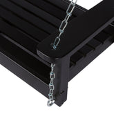 Close-up of a black metal swing or bench with slatted seating and hanging silver chains on a white background. 