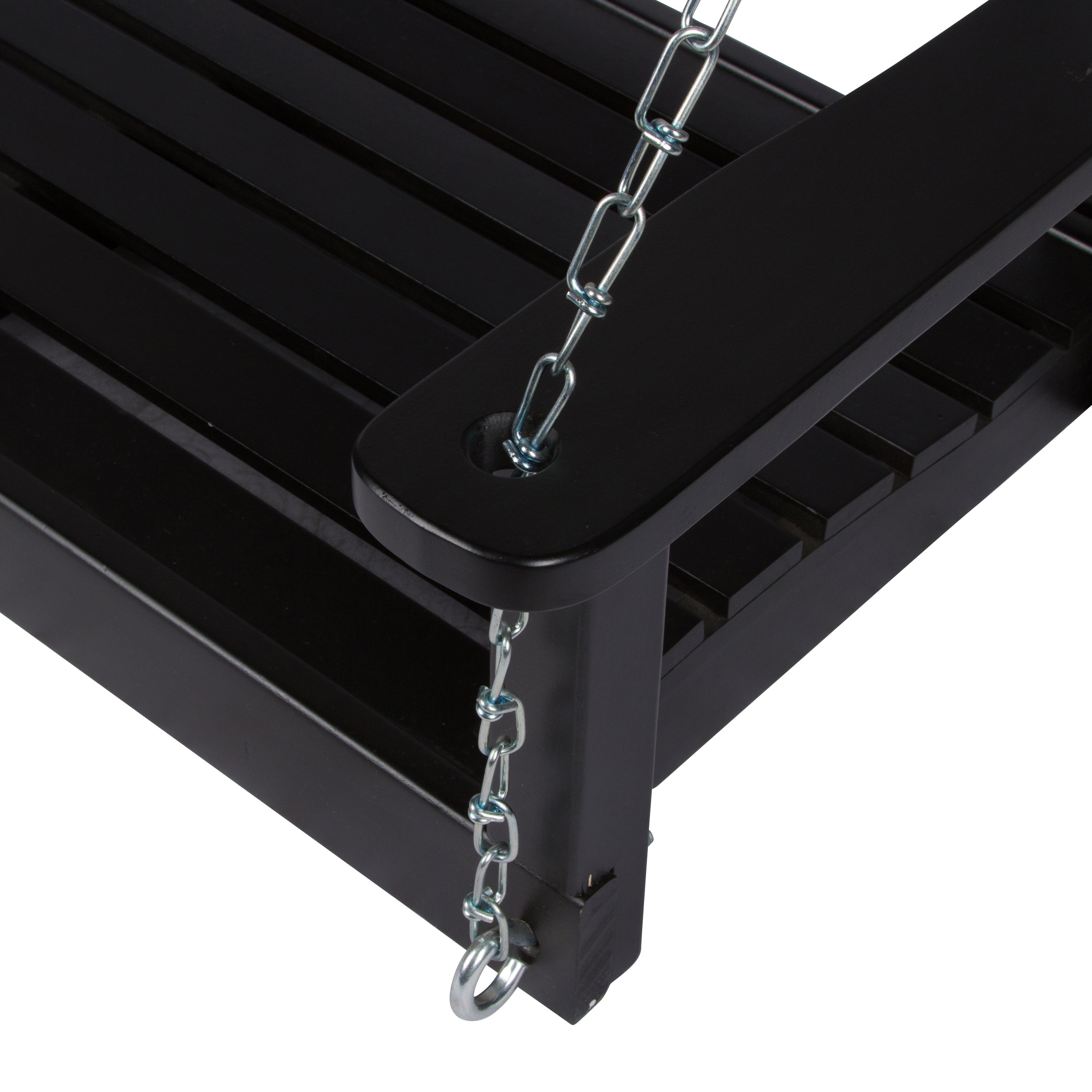 Close-up of a black metal swing or bench with slatted seating and hanging silver chains on a white background. 