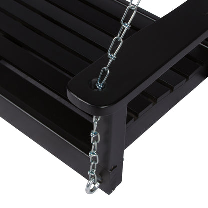 Close-up of a black metal swing or bench with slatted seating and hanging silver chains on a white background. 