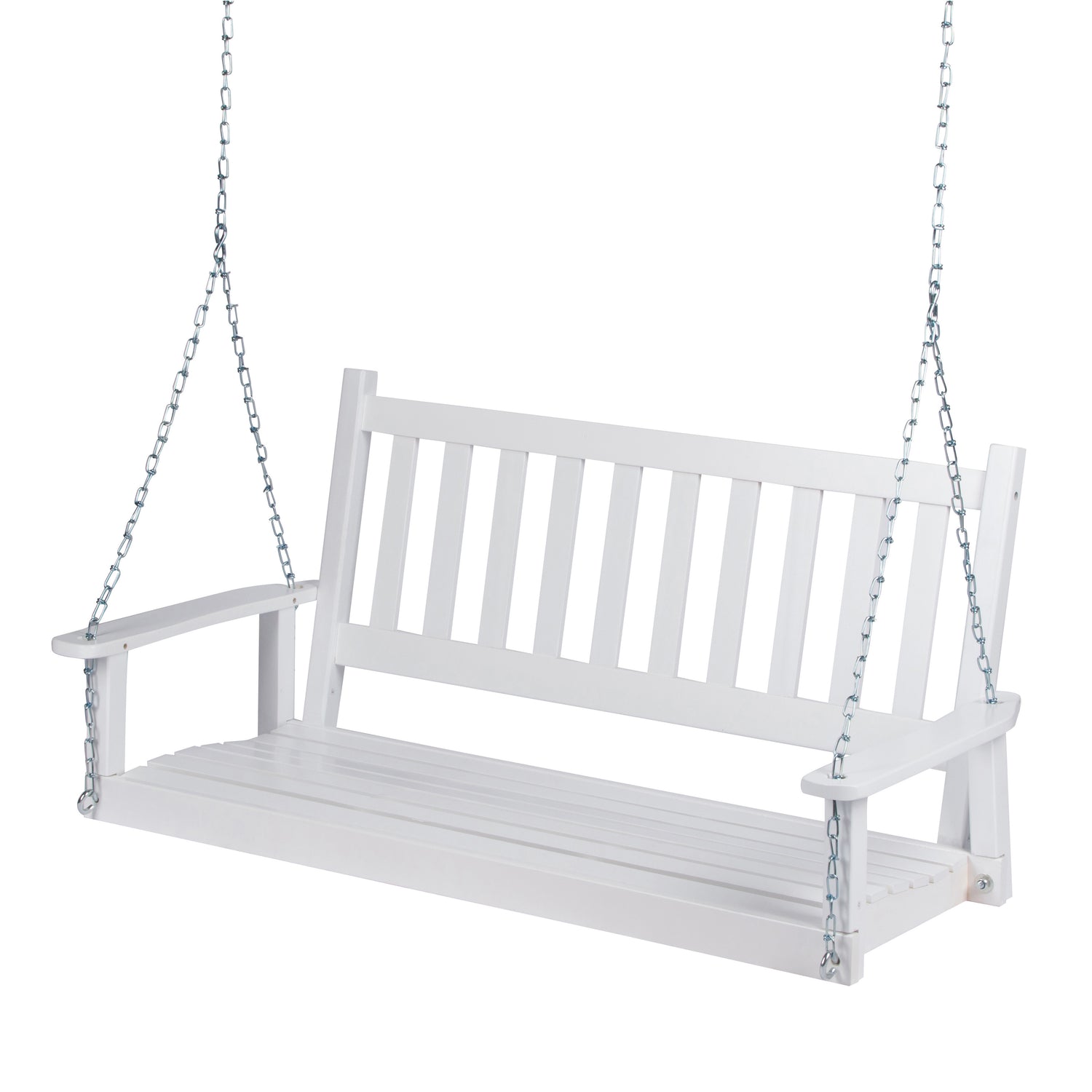 White wooden porch swing with chains on a white background 