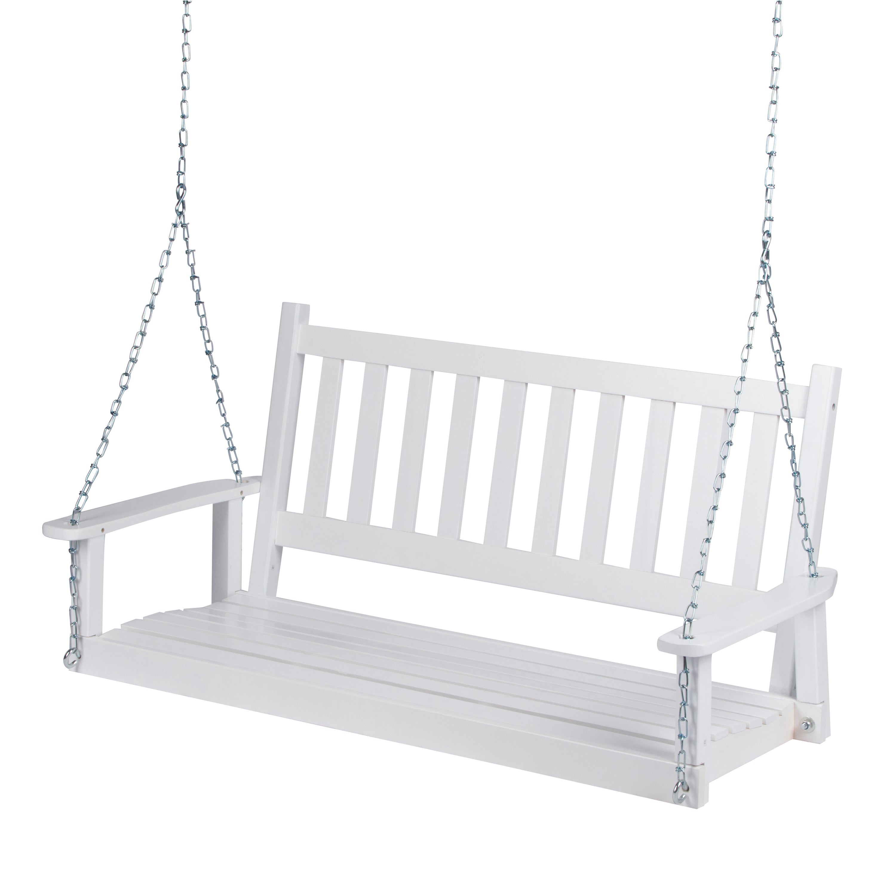 White wooden porch swing with chains on a white background 