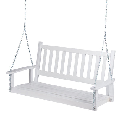 White wooden porch swing with chains on a white background 