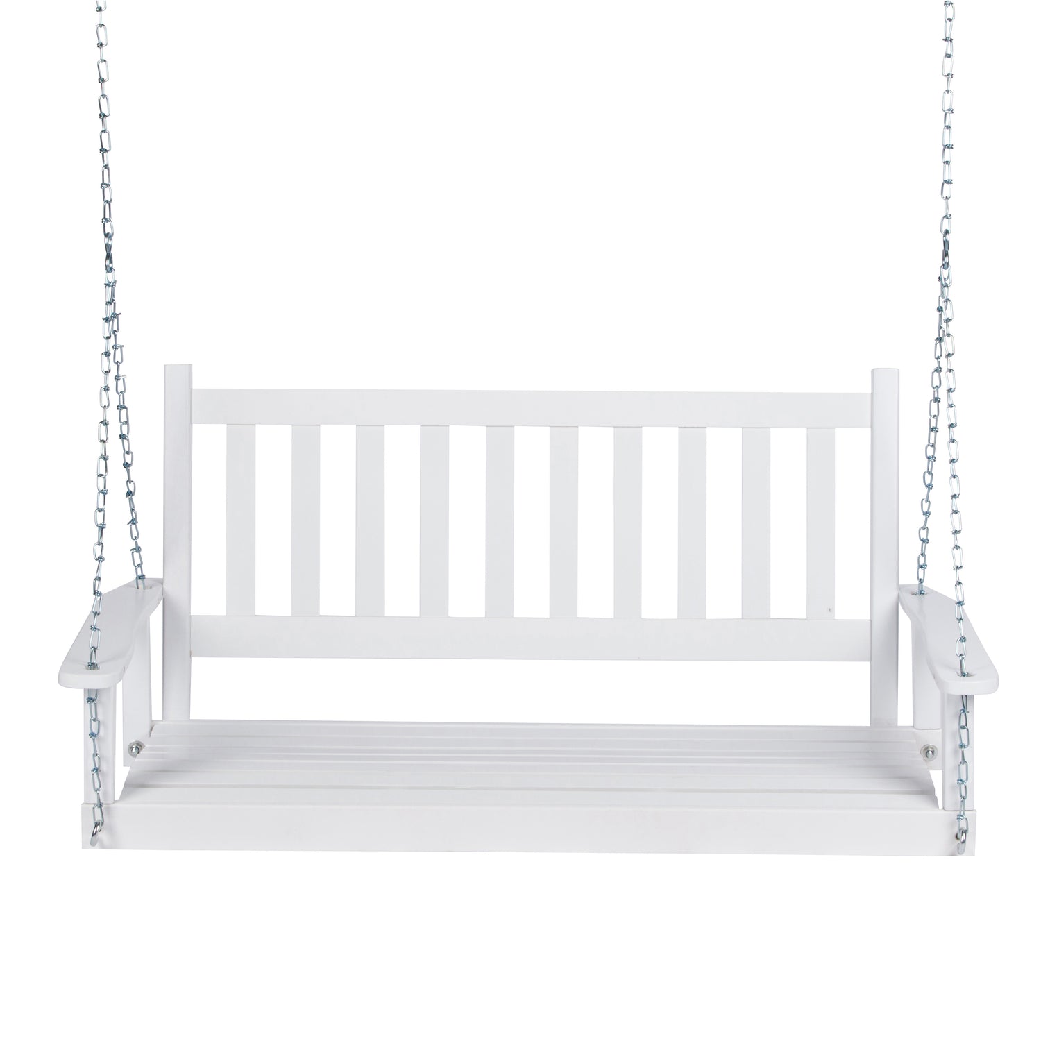 A white wooden porch swing bench with a slatted backrest and seat, suspended by silver metal chains against a plain white background. 