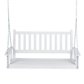 A white wooden porch swing bench with a slatted backrest and seat, suspended by silver metal chains against a plain white background. 