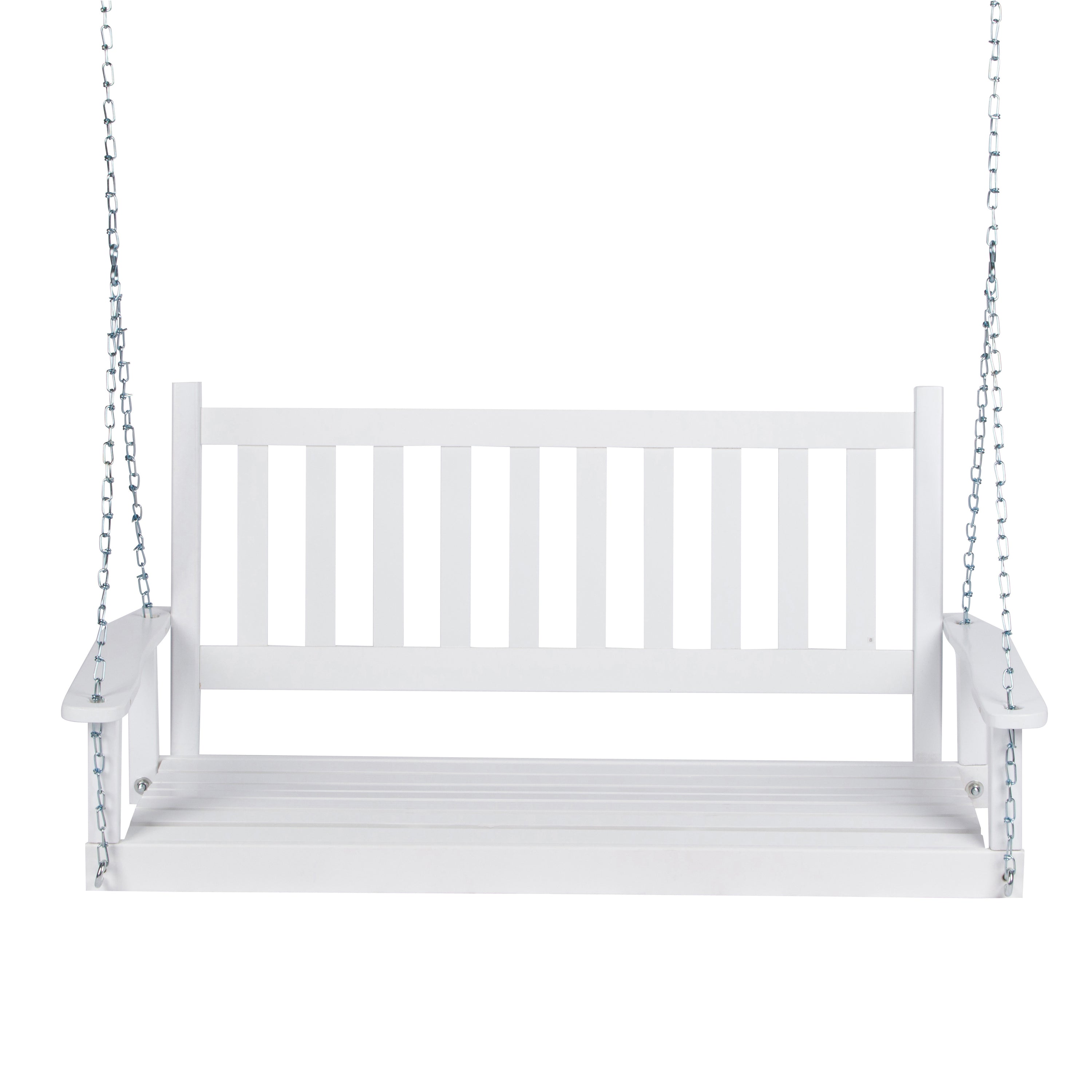 A white wooden porch swing bench with a slatted backrest and seat, suspended by silver metal chains against a plain white background. 