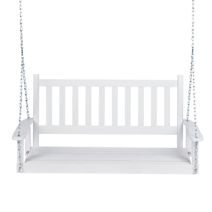 A white wooden porch swing bench with a slatted backrest and seat, suspended by silver metal chains against a plain white background. 