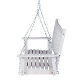 A white wooden hanging porch swing with a slatted seat and backrest, suspended by silver metal chains against a plain white background. 