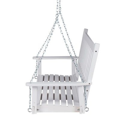 A white wooden hanging porch swing with a slatted seat and backrest, suspended by silver metal chains against a plain white background. 