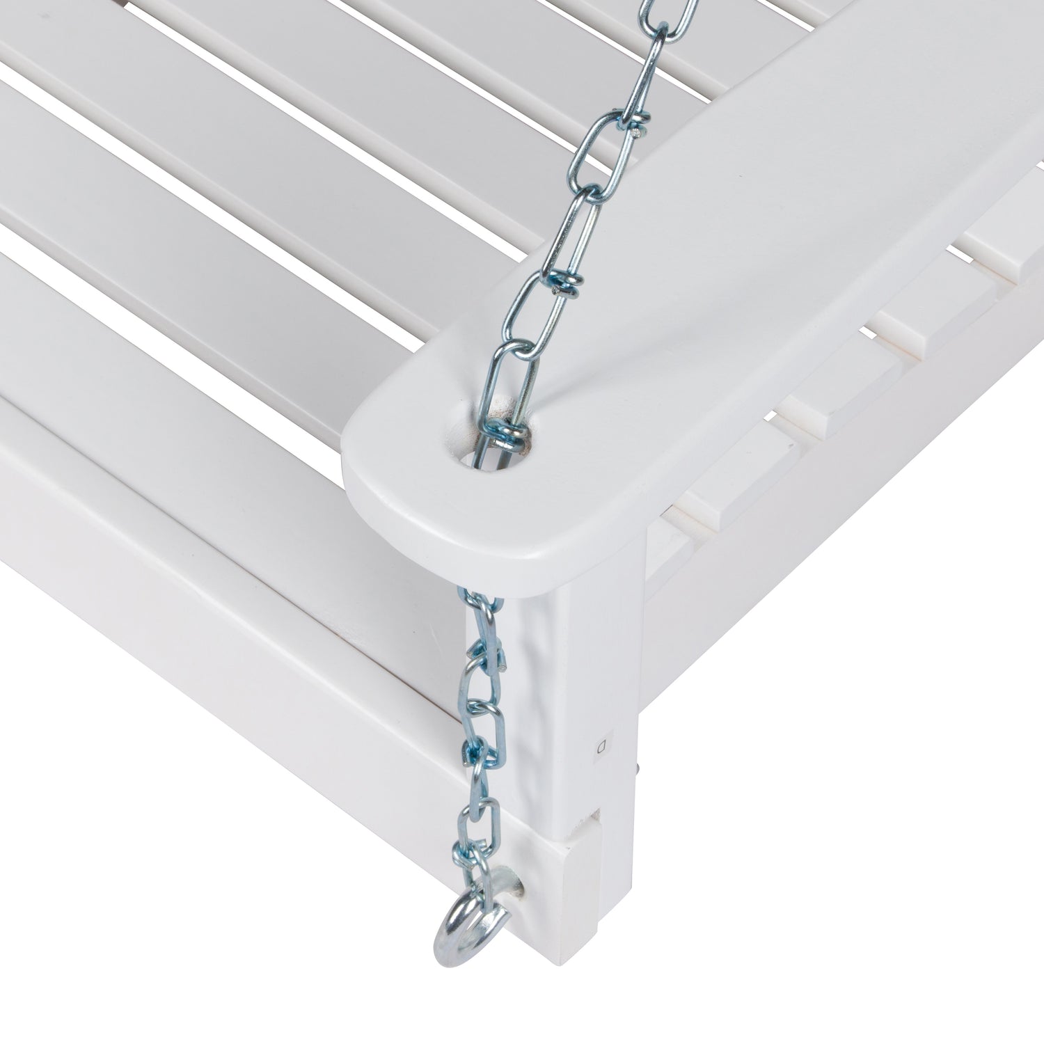 Close-up of a white slatted outdoor chair corner with a metal hanging chain attached to the armrest, shown on a white background. 