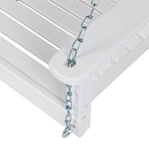 Close-up of a white slatted outdoor chair corner with a metal hanging chain attached to the armrest, shown on a white background. 