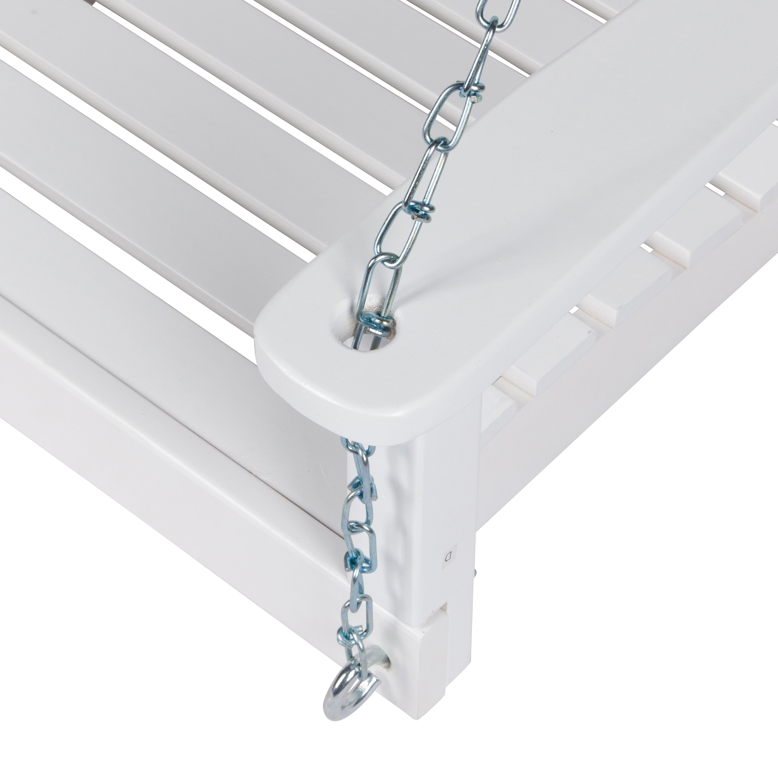 Close-up of a white slatted outdoor chair corner with a metal hanging chain attached to the armrest, shown on a white background. 