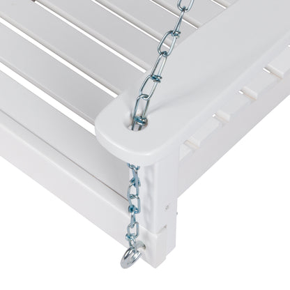 Close-up of a white slatted outdoor chair corner with a metal hanging chain attached to the armrest, shown on a white background. 