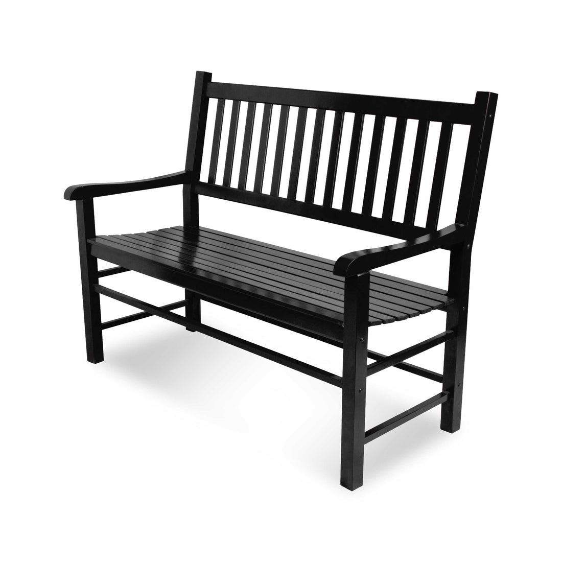 A black wooden outdoor bench with a slatted backrest and seat, shown at a three-quarter angle on a white background. 