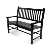 A black wooden outdoor bench with a slatted backrest and seat, shown at a three-quarter angle on a white background. 