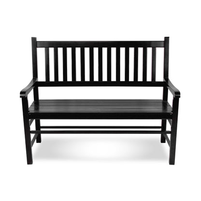 A black wooden garden bench with a slatted backrest and armrests, shown from the front on a white background. 